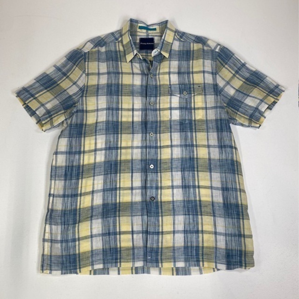 Tommy Bahama Linen‎ Plaid Button Up Short Sleeve Shirt - Size M